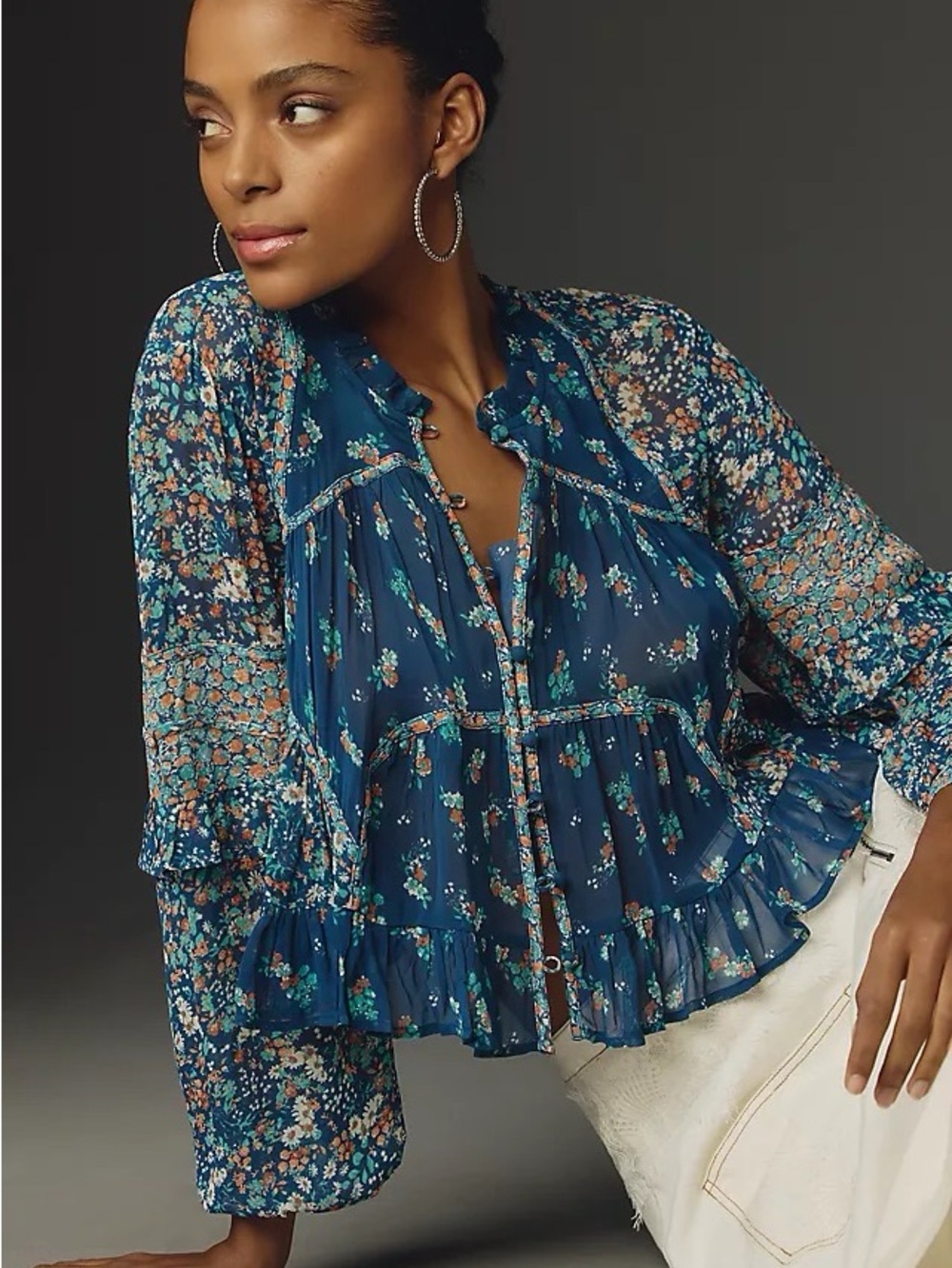 By Anthropologie Sheer Babydoll Blouse - Blue Floral Ruffle